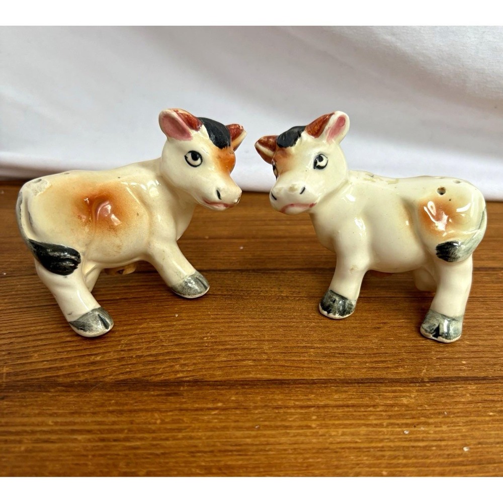 Vintage Japan Ceramic Cow & Calf Salt & Pepper Shakers Set of 2 Mini 2" 1940s